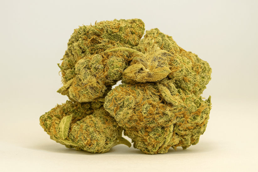 Close-up of dense cannabis buds from the Peanut Butter Breath strain, showcasing its frosty trichomes and nutty green hues