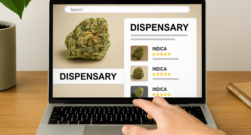 Person browsing cannabis strain options on a dispensary website, representing the process of picking a dispensary online in BC