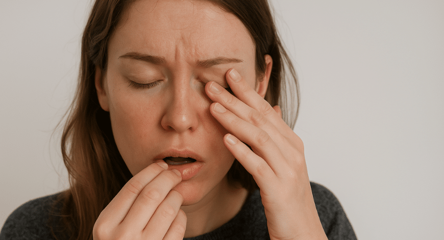 Woman experiencing discomfort, possibly due to dry eyes or fatigue, illustrating potential adverse effects of cannabis use