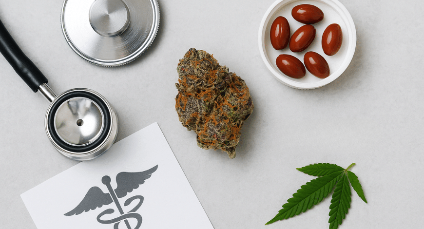 Cannabis bud with stethoscope, red capsules, and a medical symbol, representing possible medical benefits of Mimosa weed