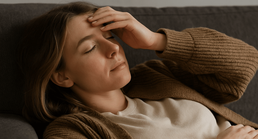 A relaxed woman lying on a couch with eyes closed and hand on her forehead, illustrating the calming effects of high THC indica strains