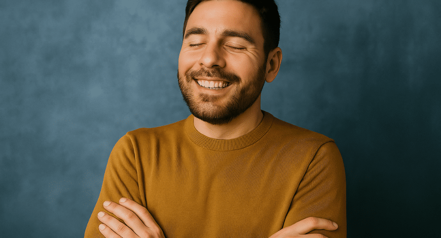 Smiling man with closed eyes and crossed arms, representing the calming and enjoyable recreational effects of Blue Cheese weed