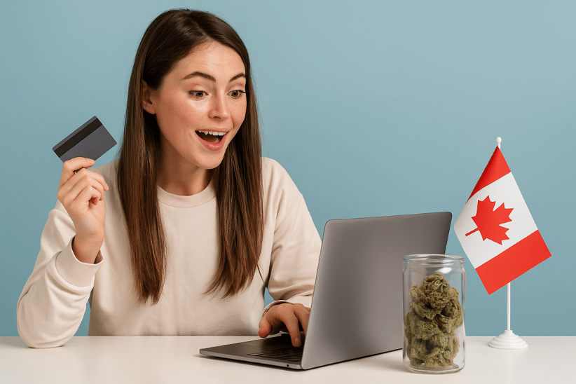 Excited woman shopping online with cannabis jar and Canadian flag, showing tips for buying from a BC dispensary online