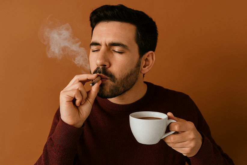 Man enjoying a weed and holding a cup of coffee with a relaxed expression - smoking the Mimosa strain with coffee