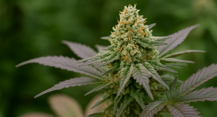 Close-up of a vibrant hybrid cannabis plant with frosty trichomes and orange hairs growing among purple-tinted leaves