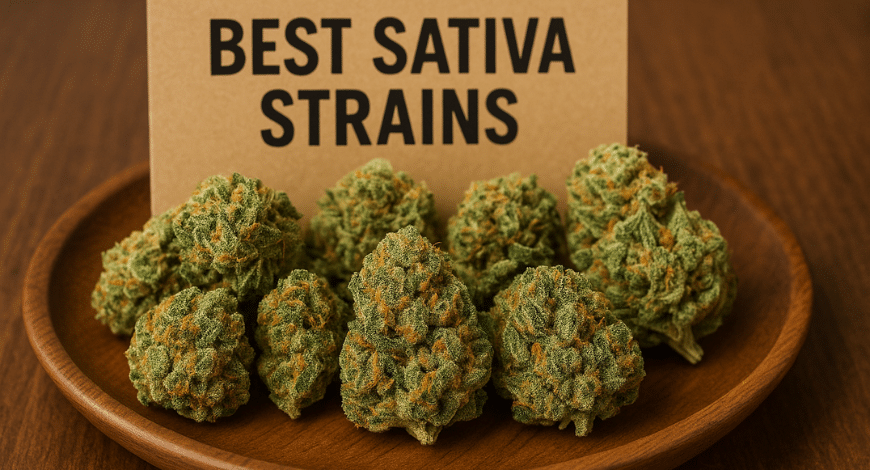 Plate of premium cannabis buds with a sign labeled "Best Sativa Strains," showcasing top sativa weed varieties