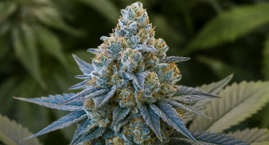 Close-up of a frosty hybrid cannabis bud with vibrant green and blue hues, showcasing dense trichomes and orange pistils