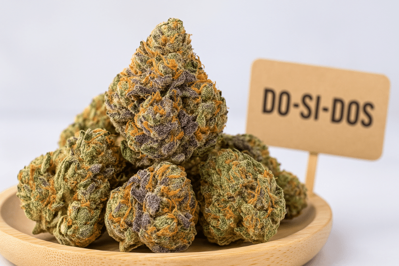Close-up of Do Si Dos cannabis buds in a wooden dish with a label, showcasing vibrant orange hairs and purple-green hues