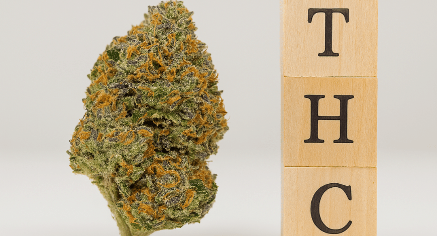 Do Si Dos cannabis bud next to wooden blocks spelling THC, symbolizing its high THC level and strong potency