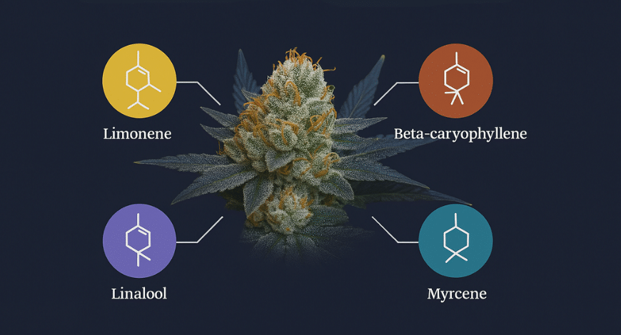 Do Si Dos strain terpene profile showing limonene, beta-caryophyllene, linalool, and myrcene around a frosty cannabis bud