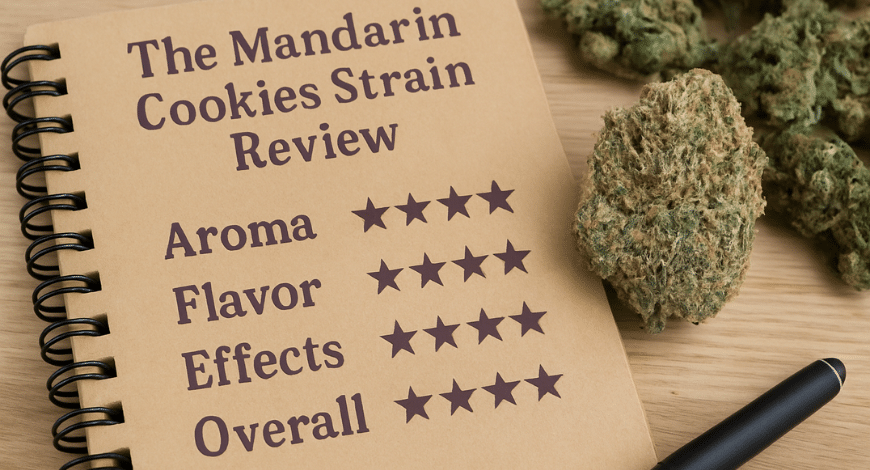 Review of the Mandarin Cookies strain showing star ratings for aroma, flavor, effects, and overall quality next to a cannabis bud