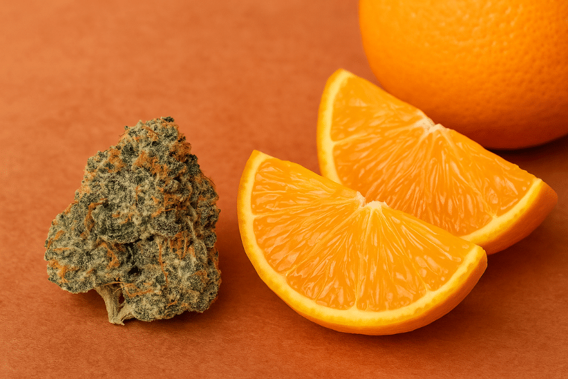 A close-up of Mandarin Cookies strain next to fresh orange slices, highlighting the strain’s citrus aroma and flavor profile