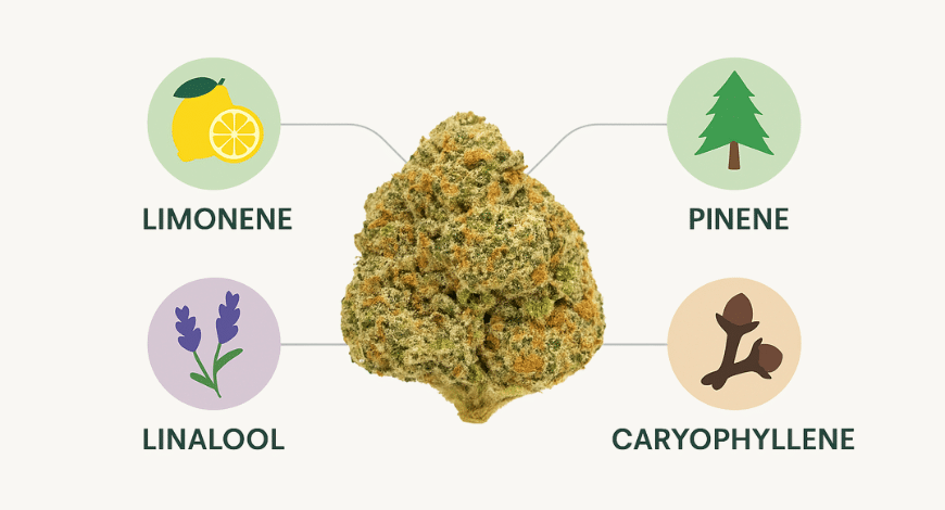 Infographic showing a cannabis bud surrounded by icons of key terpenes in the Peanut Butter Breath strain: limonene, pinene, linalool, and caryophyllene