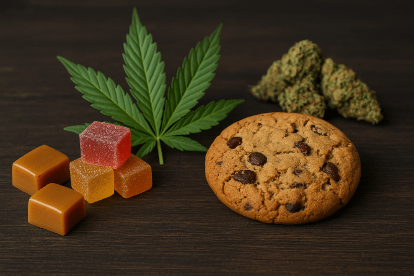 Assorted strong edibles in Canada including gummies, caramels, and a cookie, shown with cannabis buds and a marijuana leaf