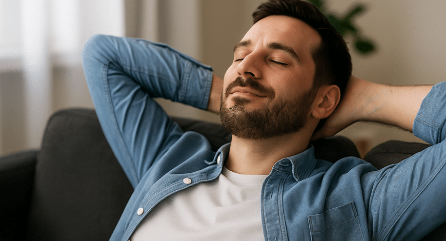 Relaxed man leaning back on a couch with a peaceful smile and closed eyes, representing the calming effects of the Gas Mask strain