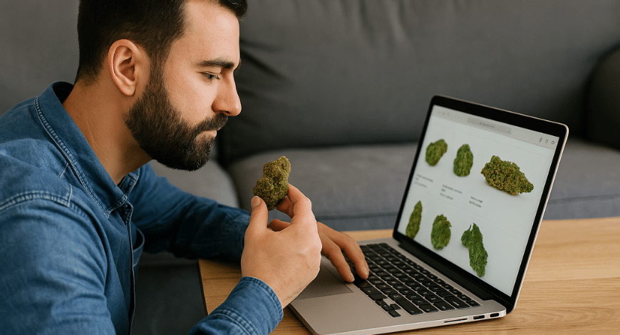 Man comparing cannabis buds in hand and on laptop screen, highlighting the convenience and options of buying BC pot online