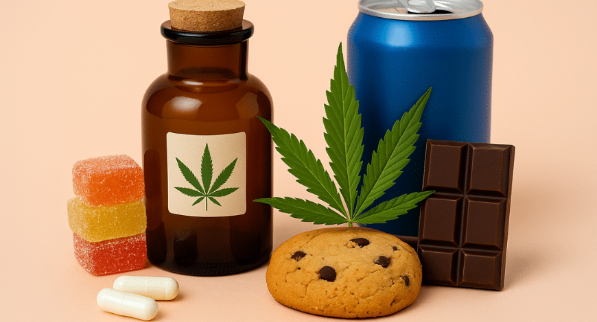 Various types of strong edibles in Canada, including gummies, capsules, chocolate, cookies, cannabis drinks, and tinctures