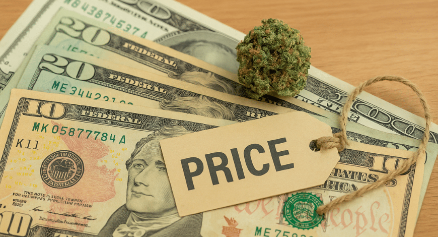Cannabis bud on U.S. dollar bills with a price tag, symbolizing understanding the cost of weed purchases