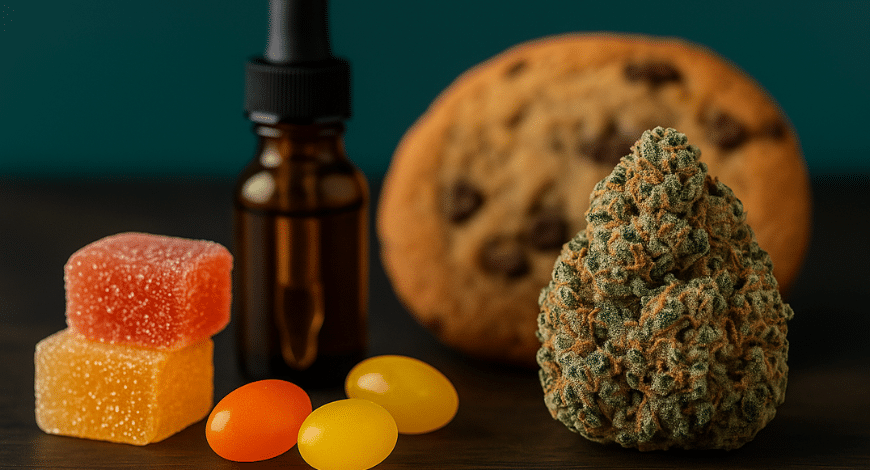 Cannabis edibles including gummies, capsules, a cookie, and tincture dropper bottle with a cannabis bud — strong edibles in Canada