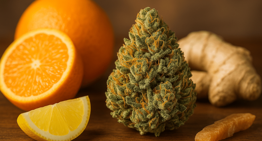 Sativa cannabis bud with lemon, orange, and ginger, highlighting its citrusy and spicy aroma and flavor profile