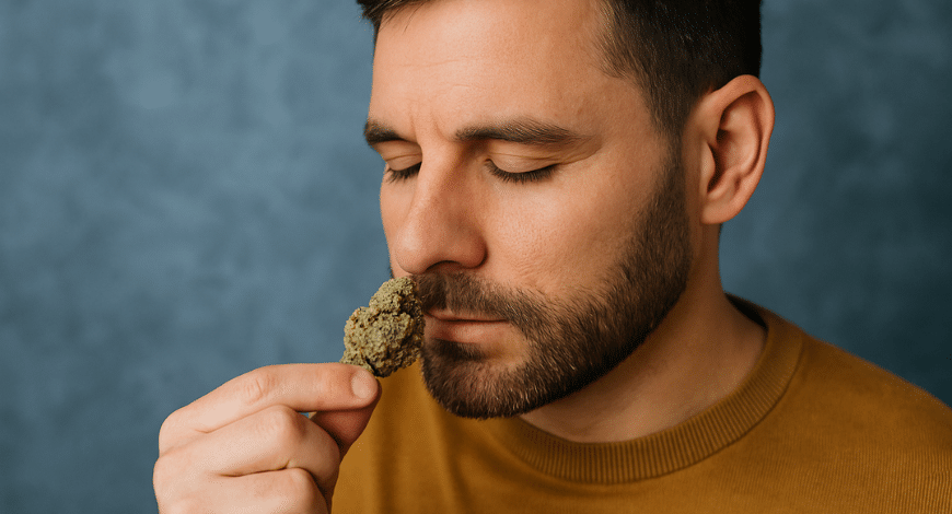 Man smelling a Blue Cheese cannabis bud with closed eyes, representing the aroma and flavor profile of the Blue Cheese strain