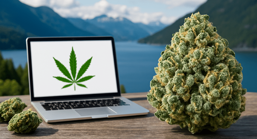 Large cannabis bud beside a laptop displaying a cannabis leaf, set against a scenic BC lake view, showing what makes BC online pot special