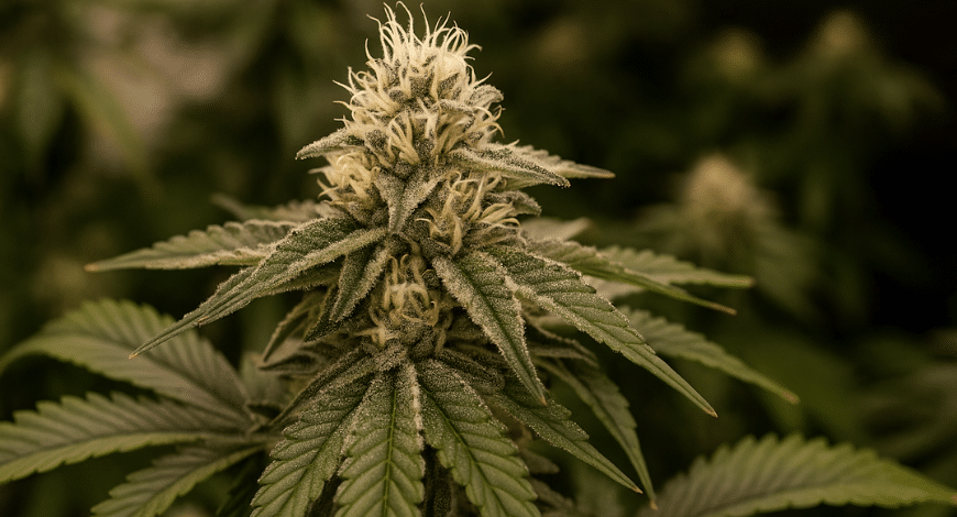 Close-up of a flowering cannabis plant with frosty trichomes, representing the Peanut Butter Breath strain in its early bloom phase