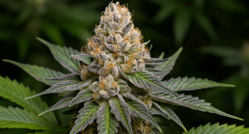 Close-up of the Do Si Dos cannabis strain, showcasing dense frosty buds and vibrant orange pistils, representing its rich genetic origin
