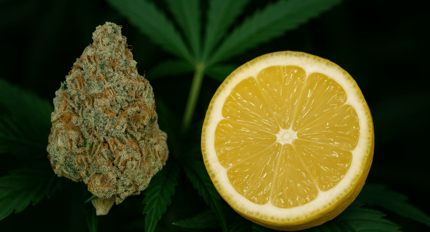 Lemon Kush cannabis bud next to a halved lemon, resting on fresh green cannabis leaves
