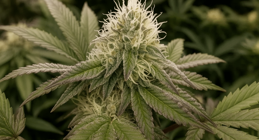 Close-up of a cannabis plant in bloom, highlighting trichomes and white pistils—illustrating what to expect from the high