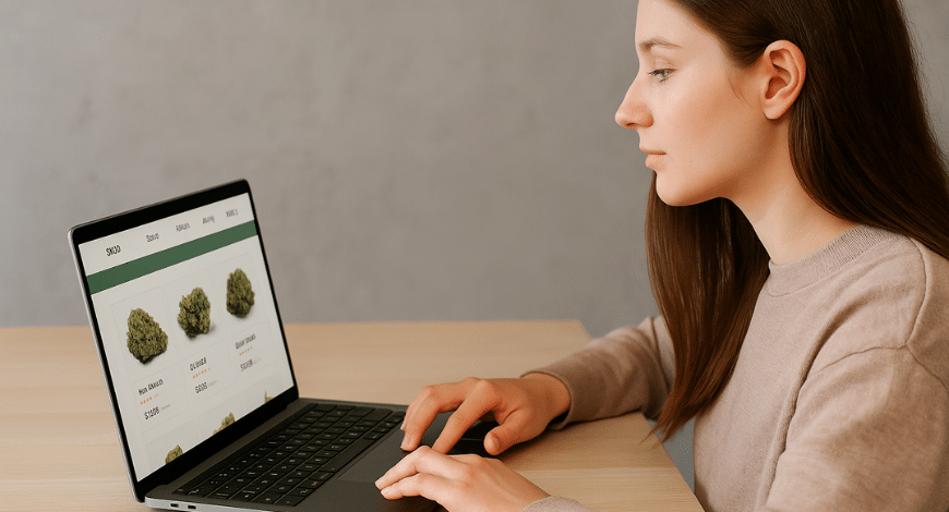 Woman browsing cannabis products on a laptop, representing what to expect when shopping at an online dispensary in BC