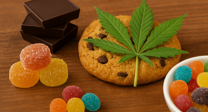 An assortment of strong edibles in Canada, including colorful gummies, chocolate squares, and a cookie topped with a cannabis leaf