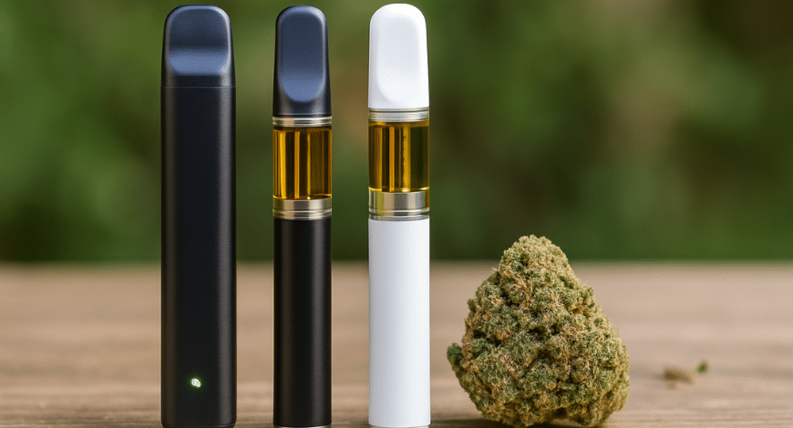 Three disposable weed vape pens and a cannabis bud on wooden surface, showcasing top disposable weed vape pens to try