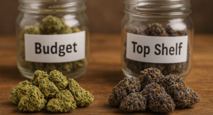 Jars labeled Budget and Top Shelf showing different cannabis quality types, highlighting choices when you buy ganja online