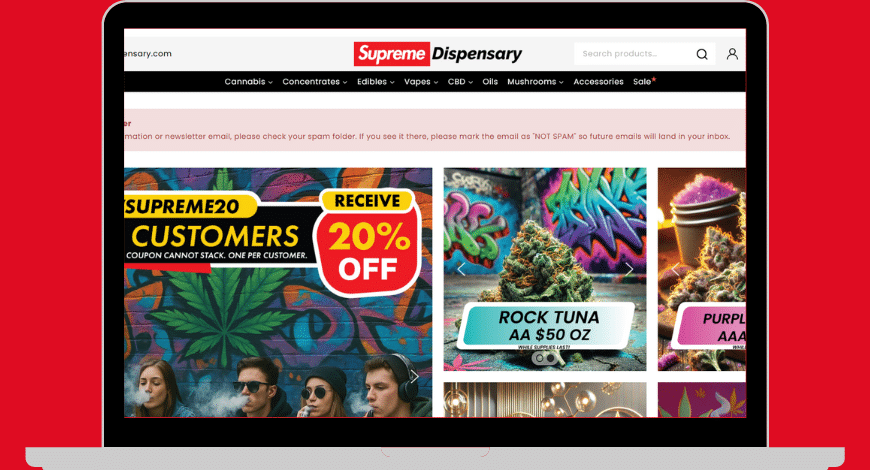 SupremeDispensary homepage showing cannabis deals, colorful strains, and a 20% off promo for online weed shoppers