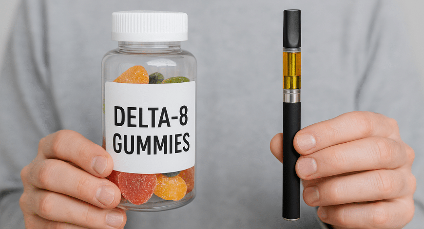 Person holding Delta-8 THC gummies jar and vape pen, showcasing common D8 products available on the market