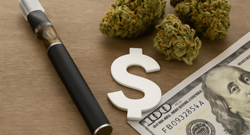 Disposable weed vape pen, cannabis buds, dollar bill, and dollar sign symbolizing cost and drawbacks of disposable weed pens