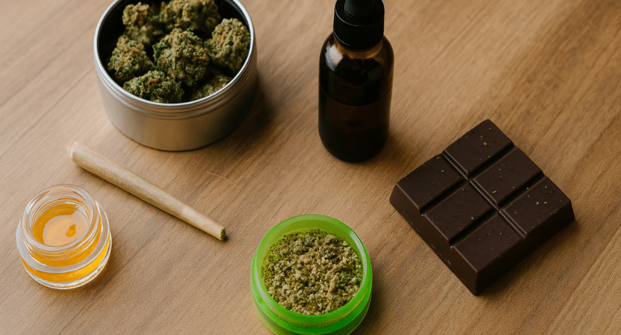 Various ganja products including flower, oil, chocolate edible, pre-roll, and concentrate on a wooden surface