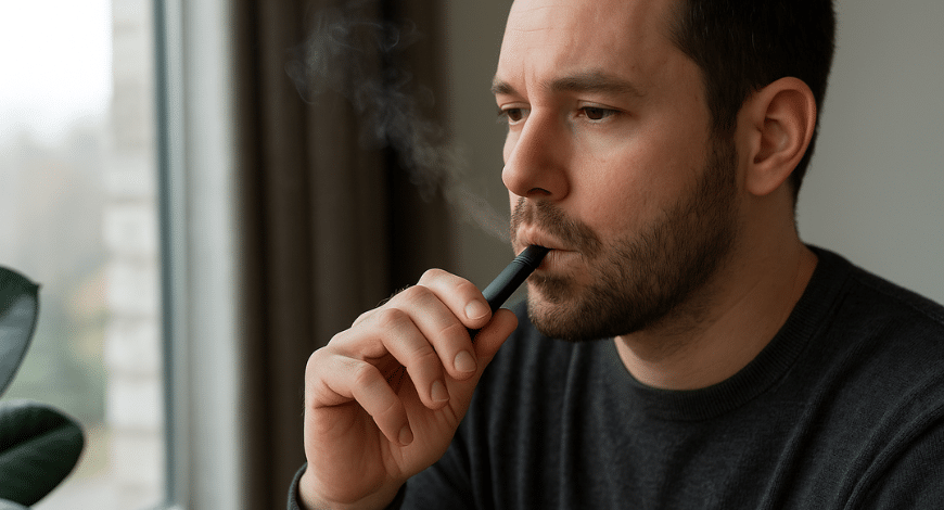 Man vaping indoors near window, highlighting the discreet and odour-controlled nature of using a disposable weed vape