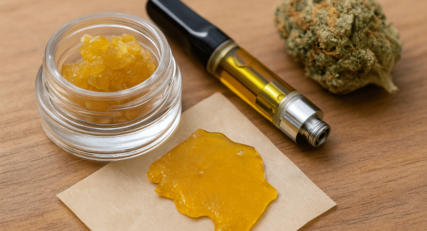 Cannabis extracts and concentrates including shatter, live resin, vape cartridge, and bud on a wooden table