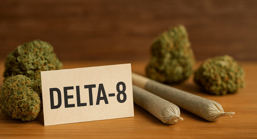 Delta-8 labeled sign beside cannabis flowers and two pre-rolls on wooden surface, representing Delta-8 flower and pre-roll products