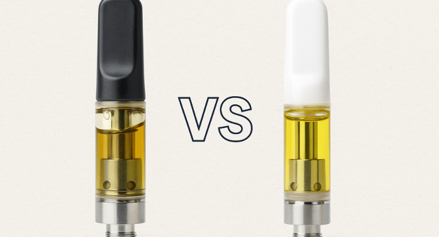 Two vape cartridges side by side labeled with different mouthpieces, symbolizing the comparison of full spectrum vs. distillates