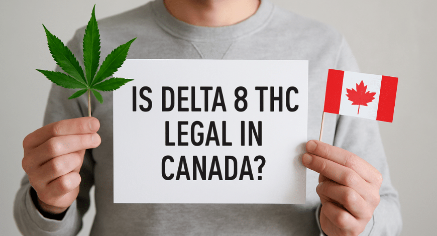 Person holding a cannabis leaf, Canadian flag, and sign reading “Is Delta 8 THC legal in Canada?” to question its legal status