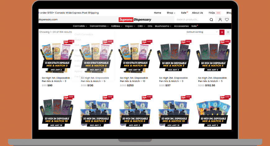 Laptop screen displaying Supreme Dispensary's online store with various disposable weed vapes available for order