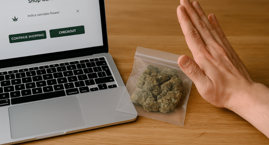 Person refusing a cannabis bag next to a laptop with checkout screen, symbolizing dos and don’ts when you buy ganja online