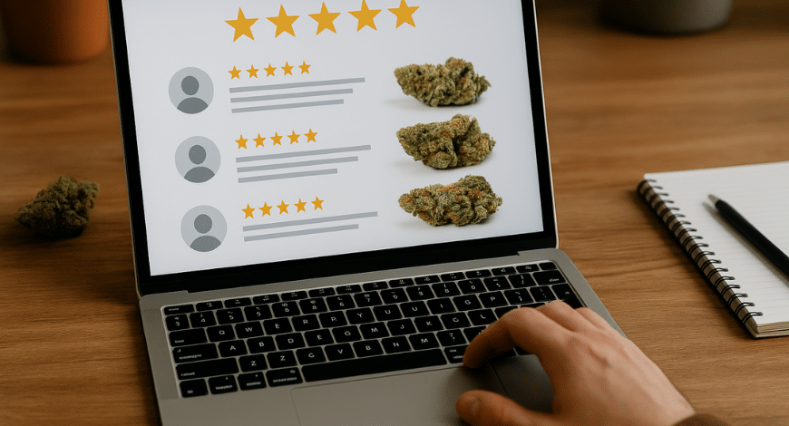 User reading verified cannabis product reviews on a laptop screen while browsing to buy ganja online