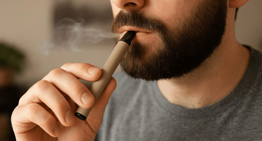 Man vaping with a disposable weed vape, demonstrating how a disposable weed vape works in practice