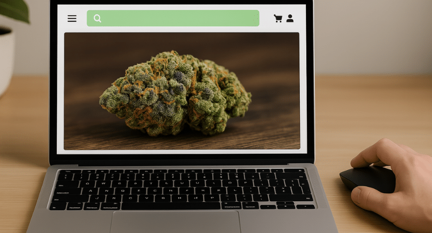 Cannabis bud displayed on a laptop screen while a user browses to spot the best ganja online