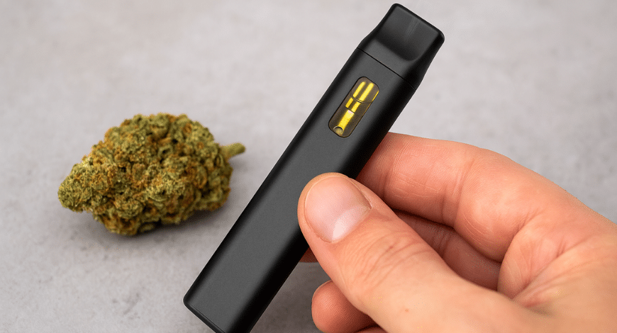 Hand holding a disposable weed vape next to a cannabis bud, illustrating what a disposable weed vape is and how it works