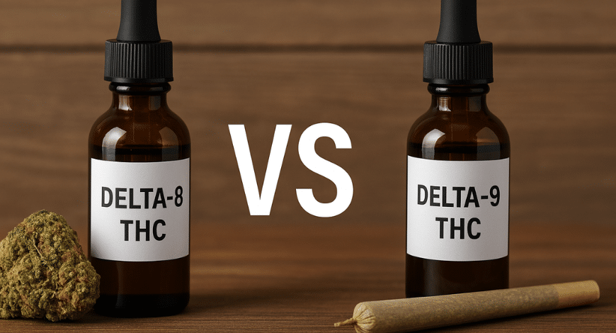 Delta-8 THC and Delta-9 THC bottles side by side with bud and joint, illustrating the comparison between Delta 8 and Delta 9 THC